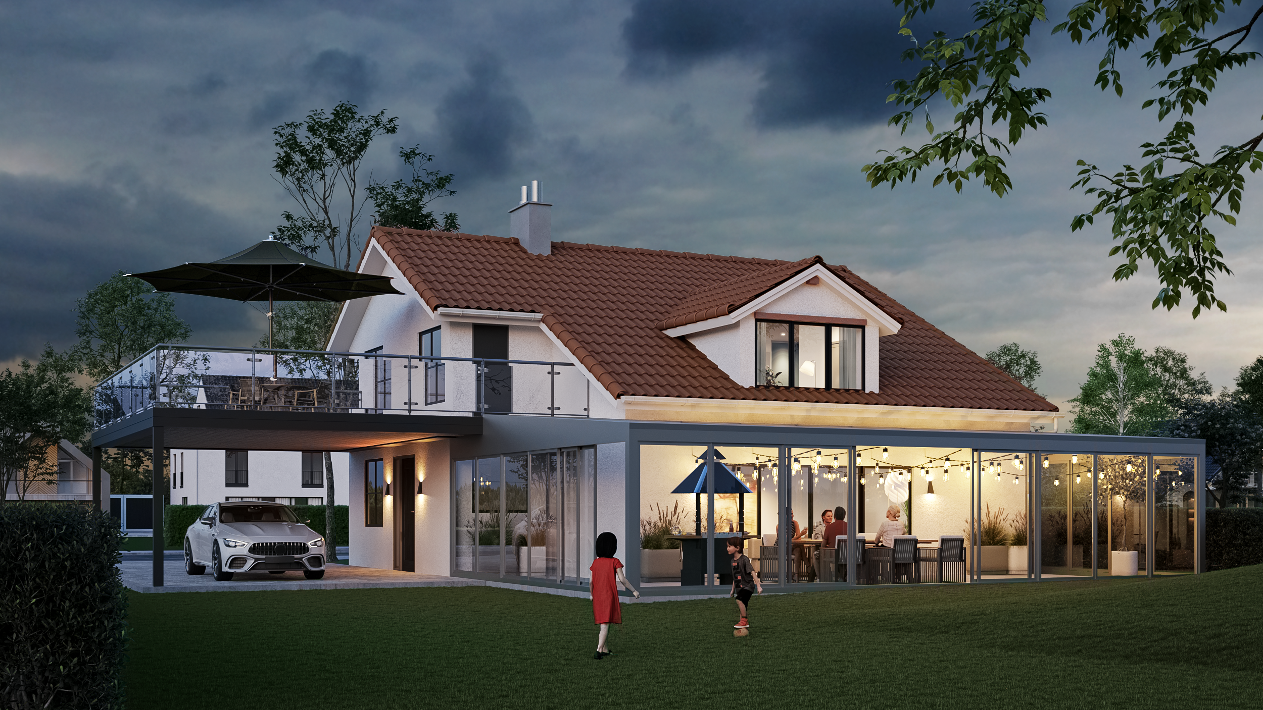 Haus mit Wintergarten, Balkon und Geländer