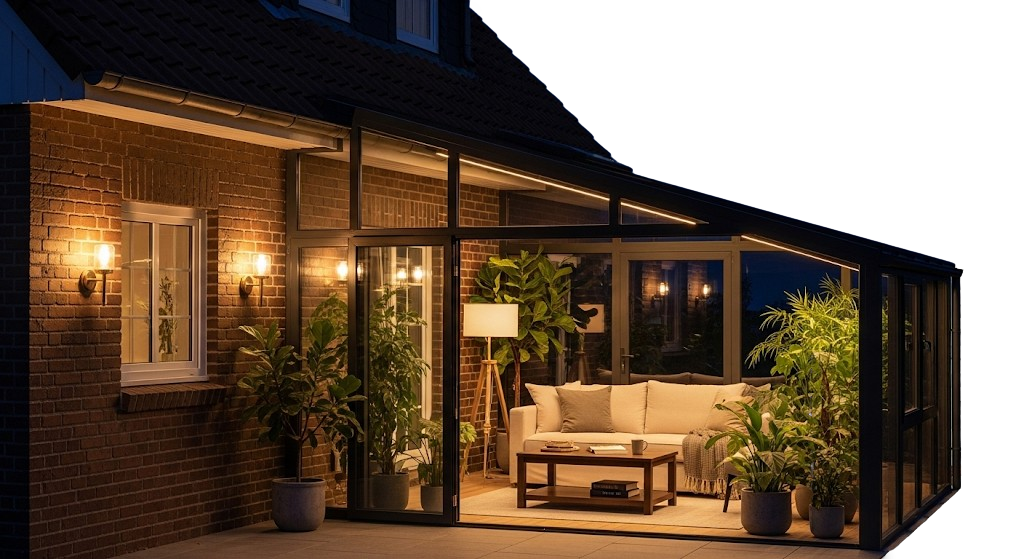 Modularer Wintergarten mit geöffneten Türen